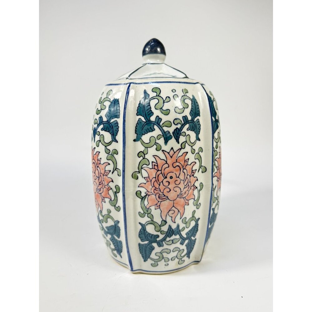 Ginger Temple Jar Lidded Vintage Chinoiserie Blue White Pink Rose pattern Home S - Picture 8 of 16